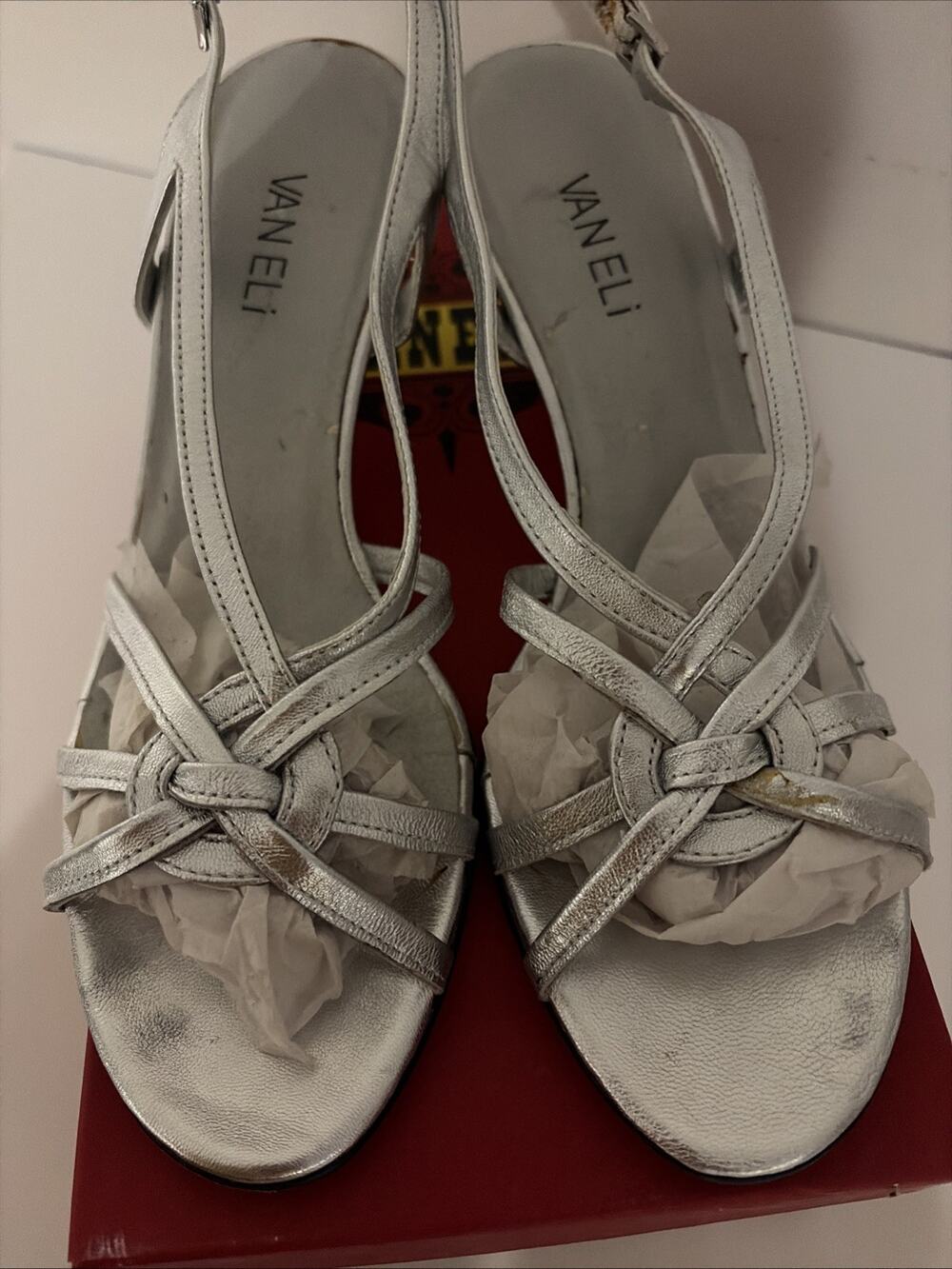 Vaneli Modesta Black Silver Strappy Sandal Leather Sz 8.5B Mid Heel Orig $98